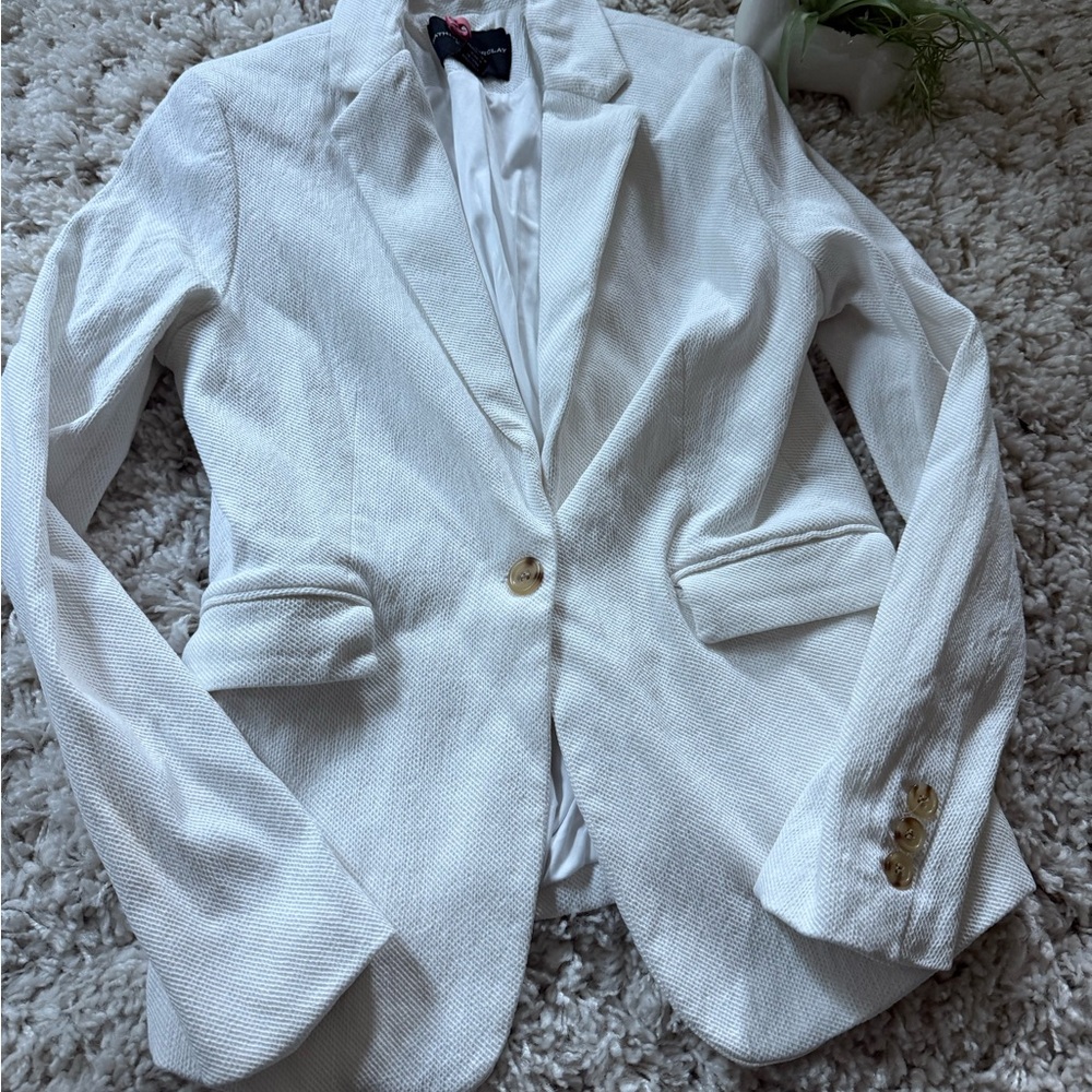 Katherine Barclay Textured White Blazer with Gold Buttons